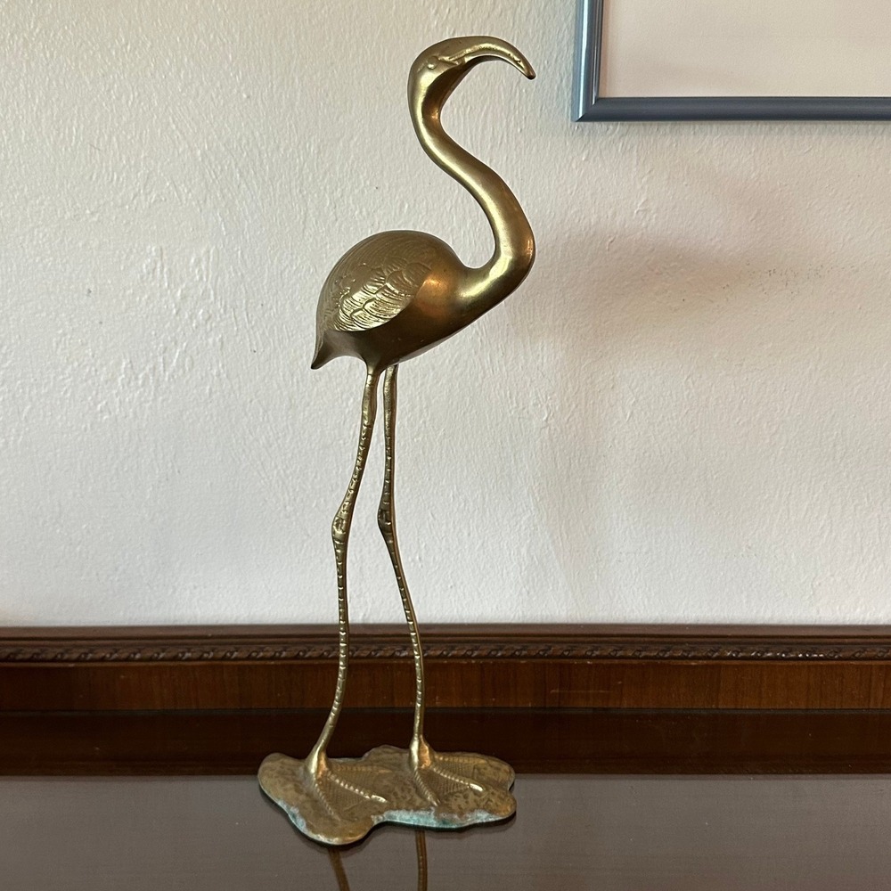 Rare Large 20'' Mid-Century Brass Flamingo Statue 1960s Hollywood Regency Decor